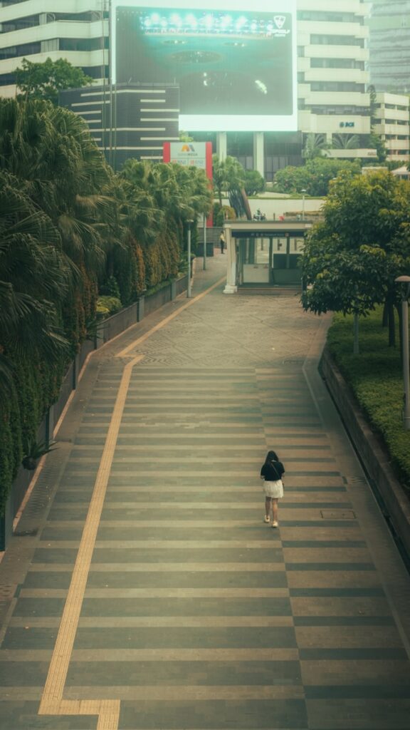 A person walking down a street in a city