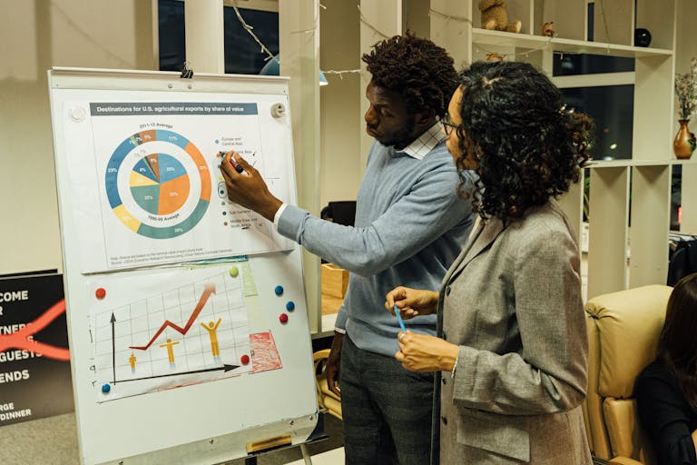 Colleagues discussing data on agricultural exports in a modern office.